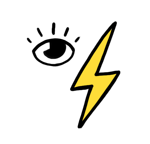 Een bliksemschicht met ernaast een oog, weergegeven in een eenvoudige, cartoonachtige tekenstijl.