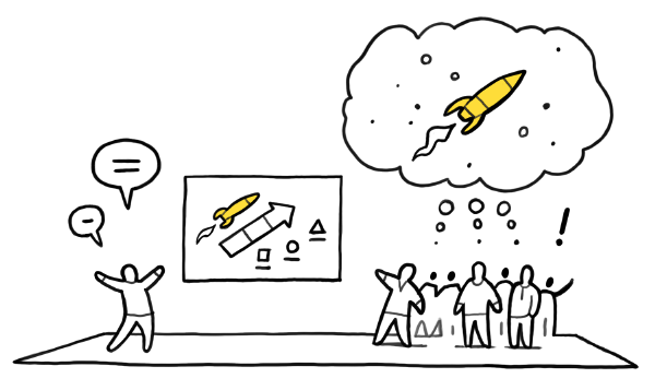 Een poppetje presenteert met een praatplaat van een raket, terwijl een enthousiaste groep ernaast staat met een denkwolkje van dezelfde raket, in cartoonstijl.