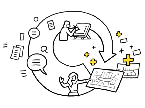 Een cirkelvormige pijl met een poppetje onderaan met een praatplaat, omringd door praatwolkjes die naar een poppetje bovenaan wijzen dat tekent.