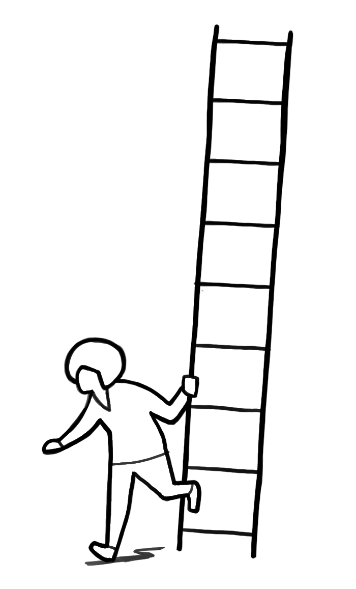 Een poppetje dat van een ladder wegloopt, weergegeven in een eenvoudige, cartoonachtige tekenstijl.